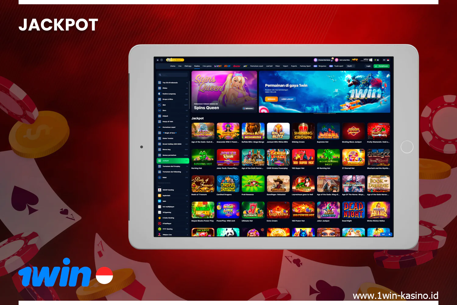 The official 1win website features popular games with jackpots