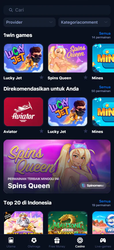 Various casino games available on 1win mobile app for Indonesian players