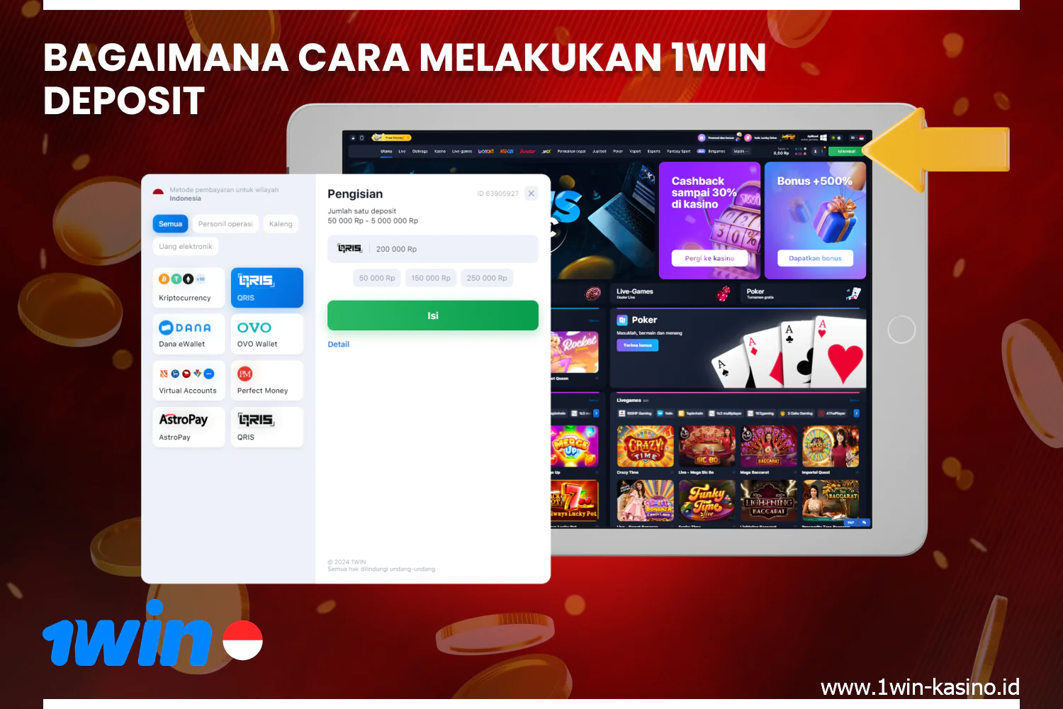 Untuk menyetor uang ke akun 1win Anda, ikuti beberapa langkah sederhana