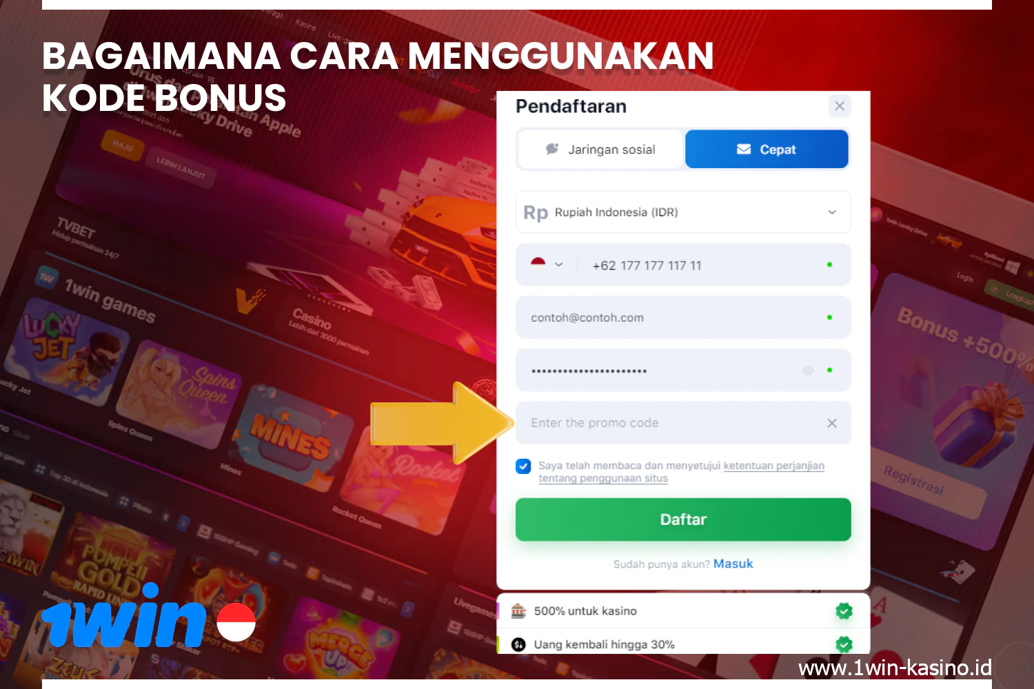 New 1win users from Indonesia can activate the promo code and get attractive bonuses