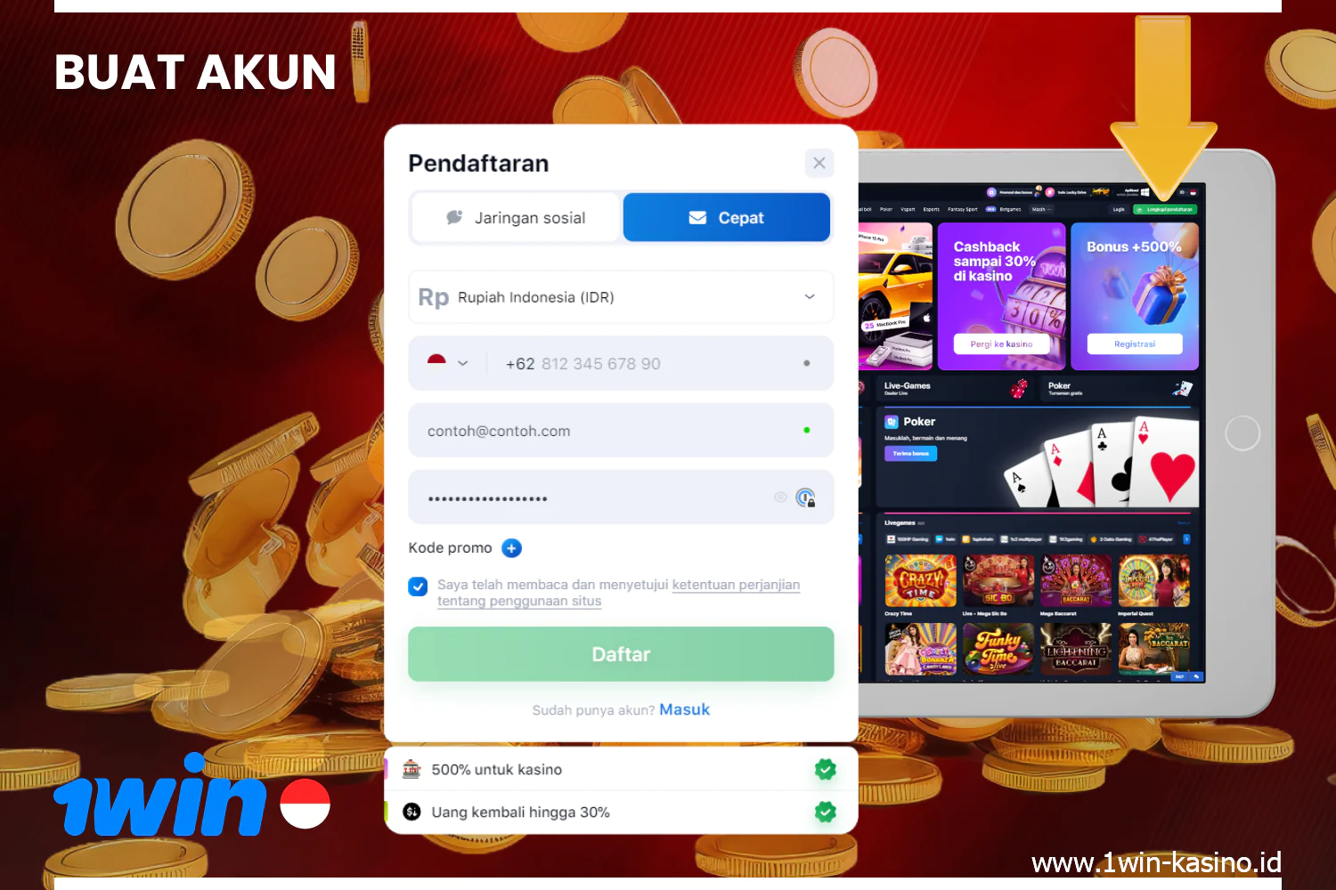 1win Indonesia users can start betting after registering