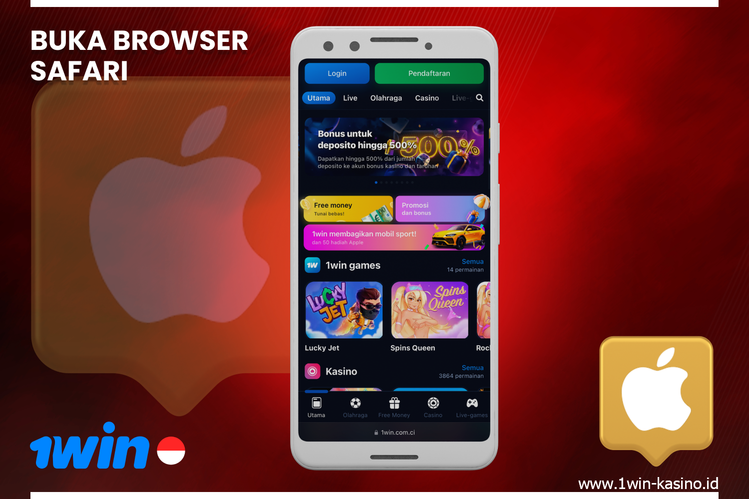 Untuk menginstal aplikasi 1win, gunakan Safari untuk mengunjungi website