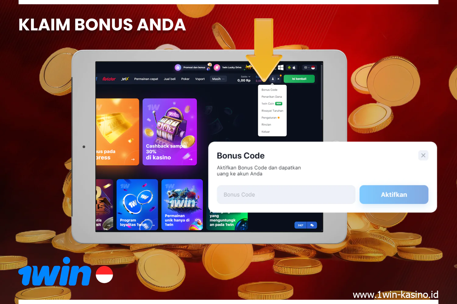 1win Indonesia users can claim the welcome bonus to earn additional wagering credits