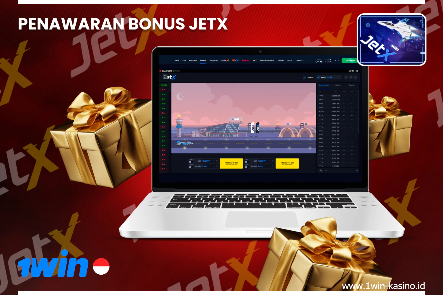 Penjudi dari Indonesia dapat menggunakan berbagai bonus untuk memainkan 1win JetX permainan