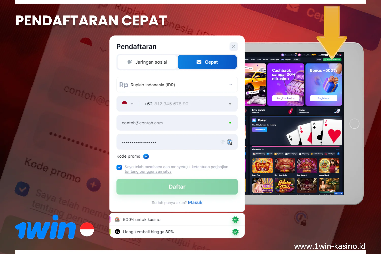 Pendaftaran cepat dengan 1win memungkinkan pengguna dari Indonesia mengakses semua fungsi dan kemampuan platform